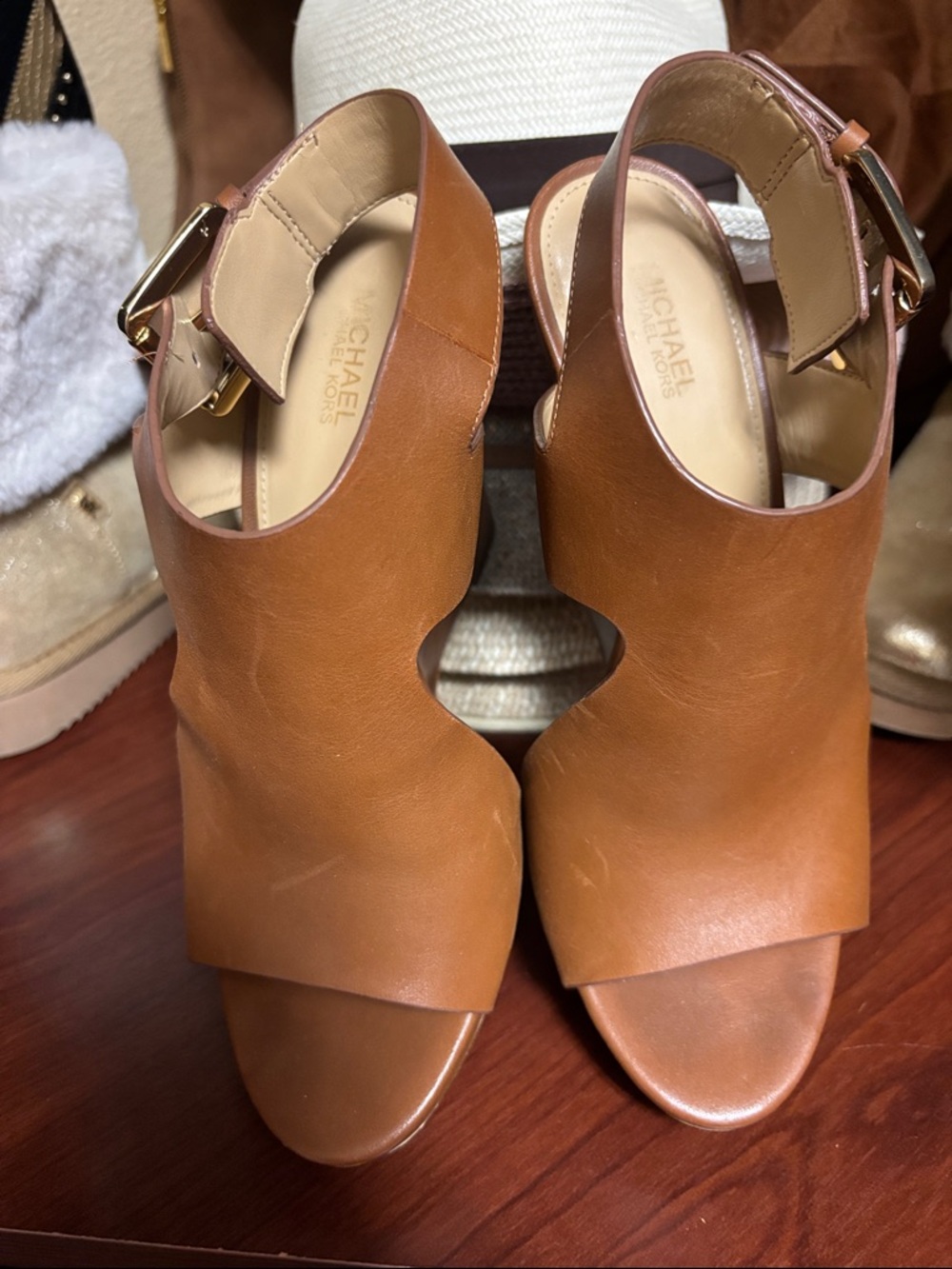 MICHAEL Michael Kors Tan Leather Wedge Sandals - Picture 2 of 5